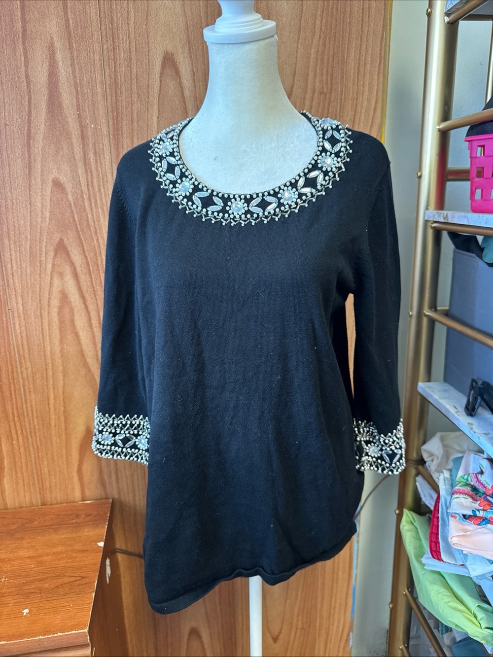 Bob Mackie Wearable Art Black Silver Rhinestone 3/4 Sleeve Sweater 100% Cotton